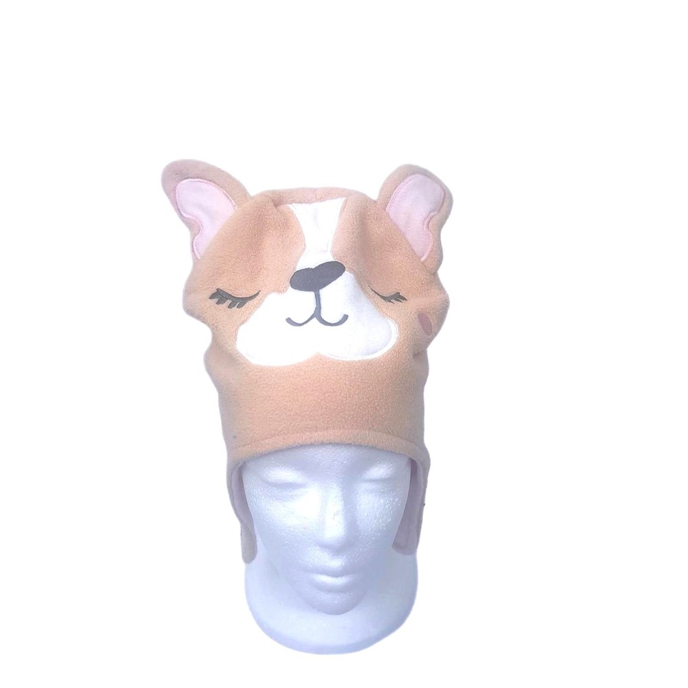 Kids Tan Fleece Dog Animal Earflap Trapper Hat Beanie Brown Pink 3D Ears